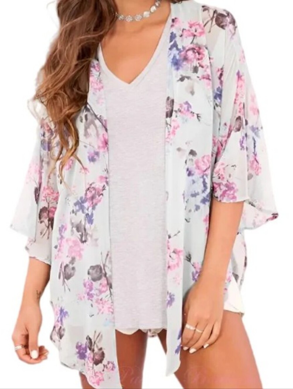 Peach Love California Pastel Floral Bell Sleeve Kimono - Mint & Pink